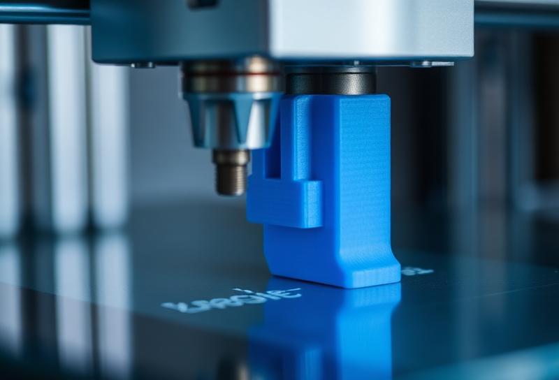 Industrial 3D printer fabricating a blue technical prototype