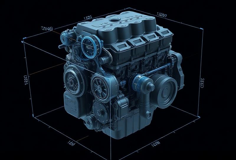 Digital point cloud of an engine block with measurement overlays